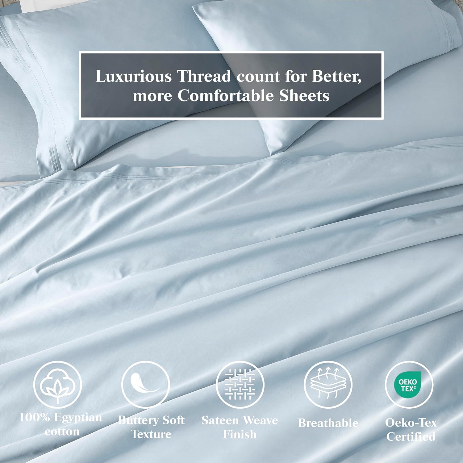 Superior Egyptian Cotton 4 Piece Sheet Set, 650 Thread Count, Modern Design, Sustainable Sheets, Ultra-Soft Basics, Solid, Deep Pocket Fitted Sheet, Flat Sheet, Pillowcases, King, Baby Blue