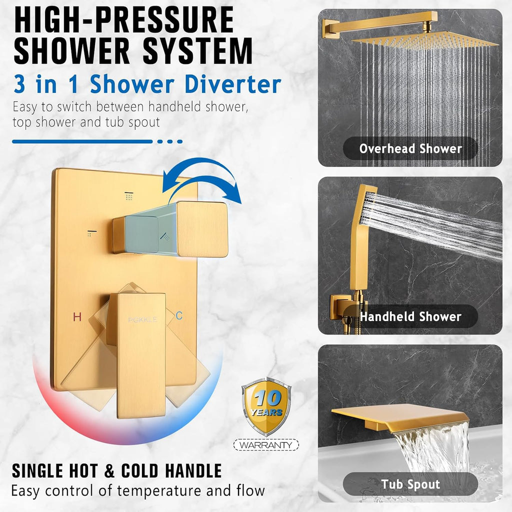 10 Inch Rainfall Shower System with Tub Spout - Wall Mounted Complete Combo with Solid Brass Pressure Balancing Valve, High Pressure Shower Head, Handle Set & Installation Accessories Brushed Gold