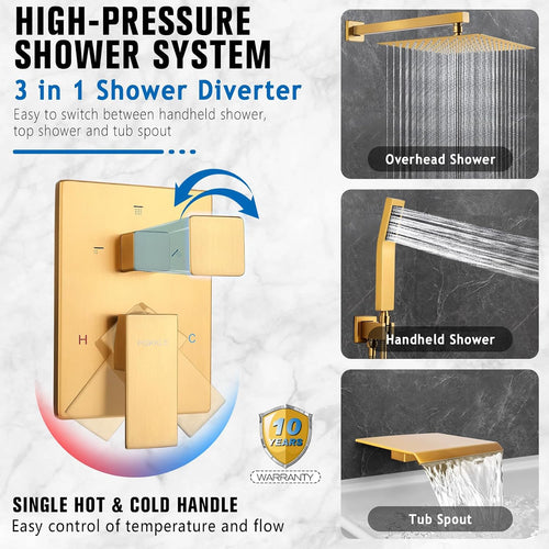 10 Inch Rainfall Shower System with Tub Spout - Wall Mounted Complete Combo with Solid Brass Pressure Balancing Valve, High Pressure Shower Head, Handle Set & Installation Accessories Brushed Gold