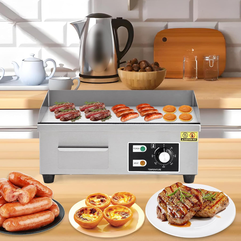 18 Inch Commercial Electric Griddle, 1600W Stainless Steel Flat Top Grill with 122-572°F Adjustable Temp, 2 Shovels, 2 Brushes, Indoor Countertop BBQ Teppanyaki Grill for Home Restaurants