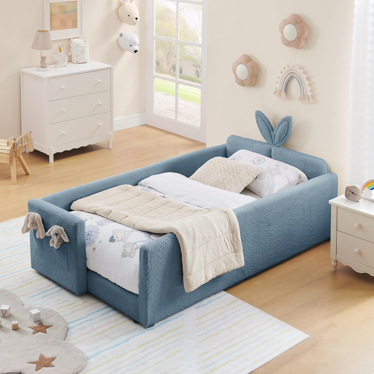 VilroCaz Twin Size Upholstered Platform Bed with Safety Guardrail and Cute Rabbit Ear Shaped Headboard, Boucle Fabric Montessori Kids Bed with Pocket and Sturdy Slats Support (Baby Blue-7.24)