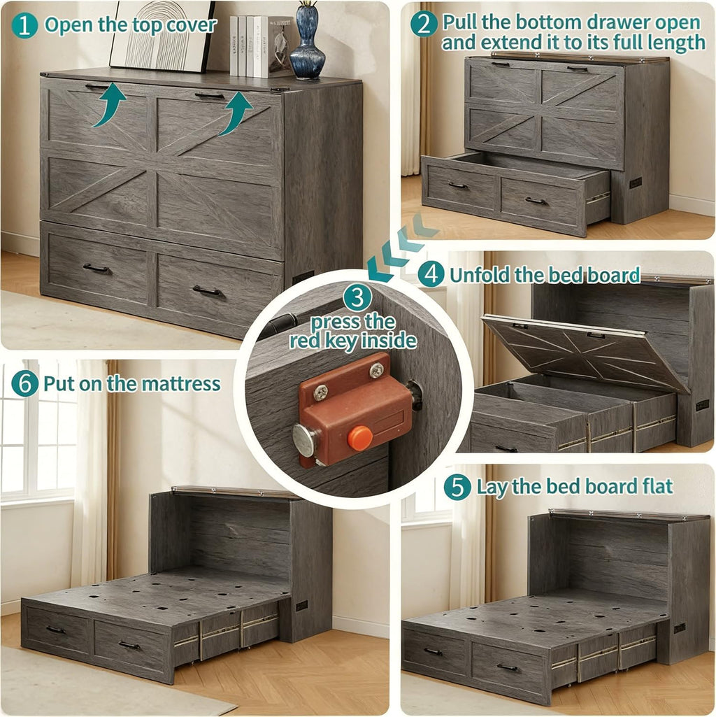 Queen Murphy Bed Cabinet with Charging Station and Storage, Farmhouse Foldable Platform Bed for Bedroom, Living Room, Guest Bedroom,Home Office,Rutic Grey (Queen Size)