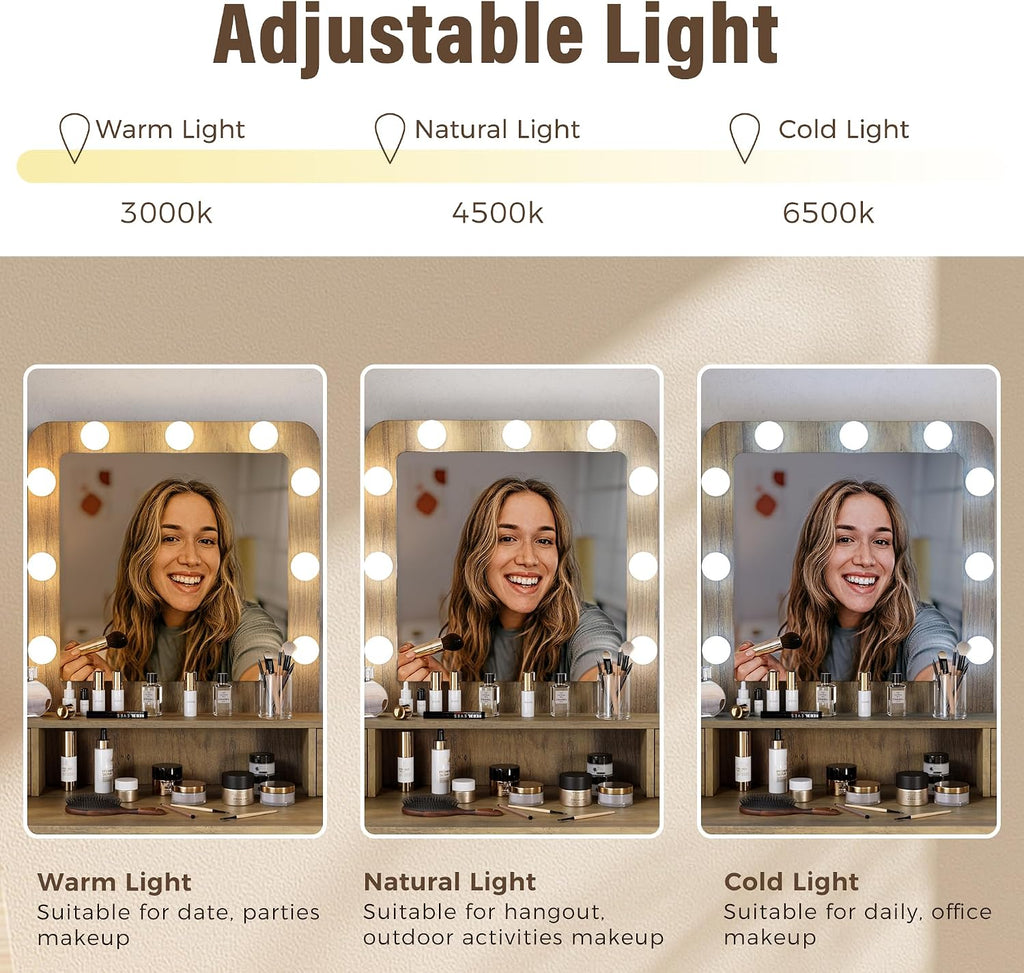 RoyalCraft Vanity Desk with Mirror and Lights, Makeup Vanity with 3 Color Dimmable Lighted Hollywood Mirror, Brown Makeup Table with 4 Drawers, Large Dressing Table for Women Girls