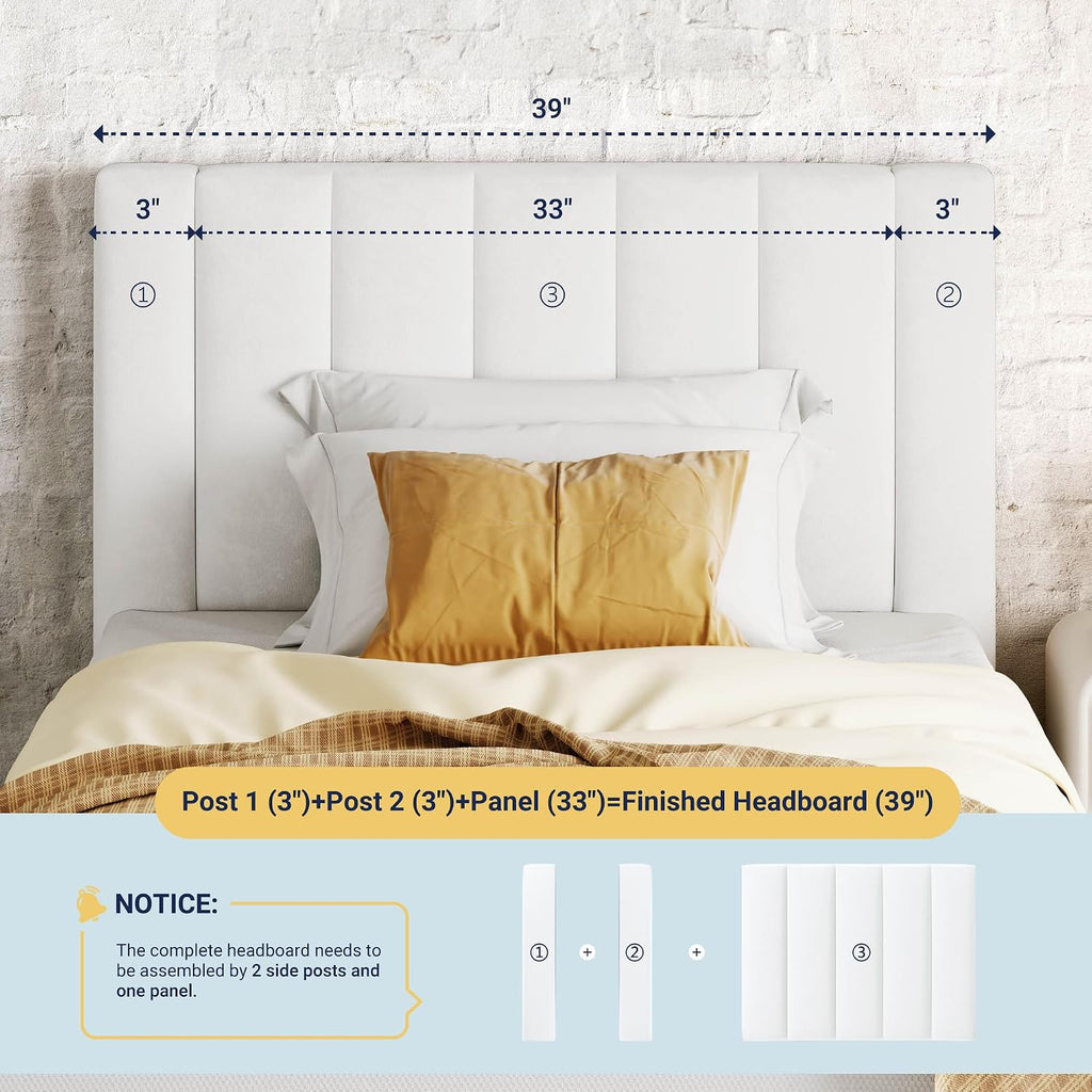 Allewie Twin Bed Frame/Velvet Upholstered Bed Frame with Vertical Channel Tufted Headboard/Strong Wooden Slats/Platform Bed Frame/Mattress Foundation/Box Spring Optional/Easy Assembly/White