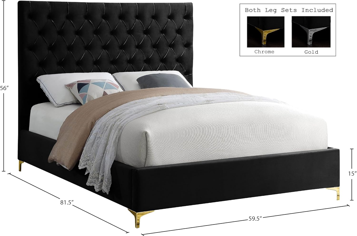 Meridian Furniture Cruz Collection Modern | Contemporary Velvet Upholstered Bed with Deep Button Tufting and Complete Sets of Gold and Chrome Legs Included, Full, Black