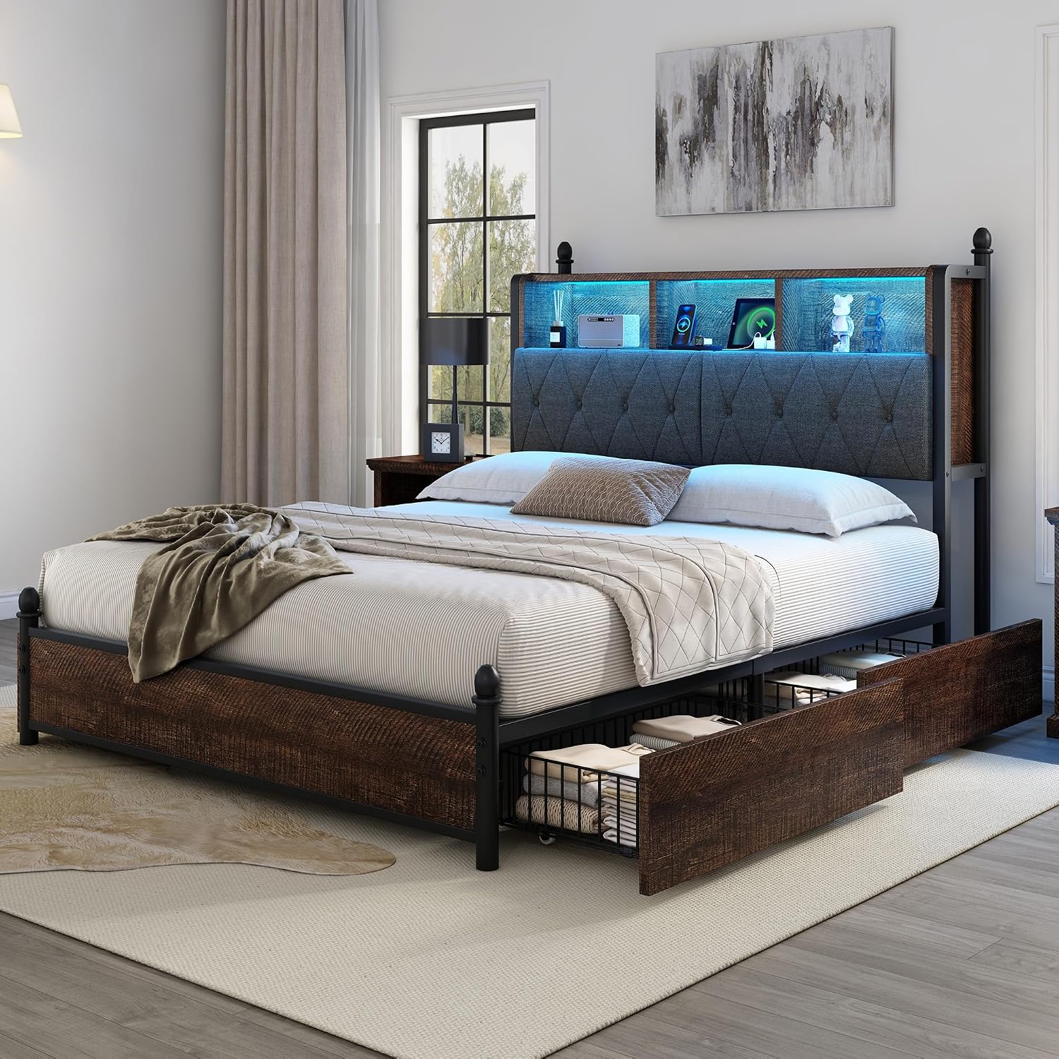 AMERLIFE Queen Size Bed Frame with Bookcase Headboard, 4 Storage Drawers, Wooden Platform Bed with Charging Station & LED Light, No Box Spring Needed, Noise-Free, Rustic Brown