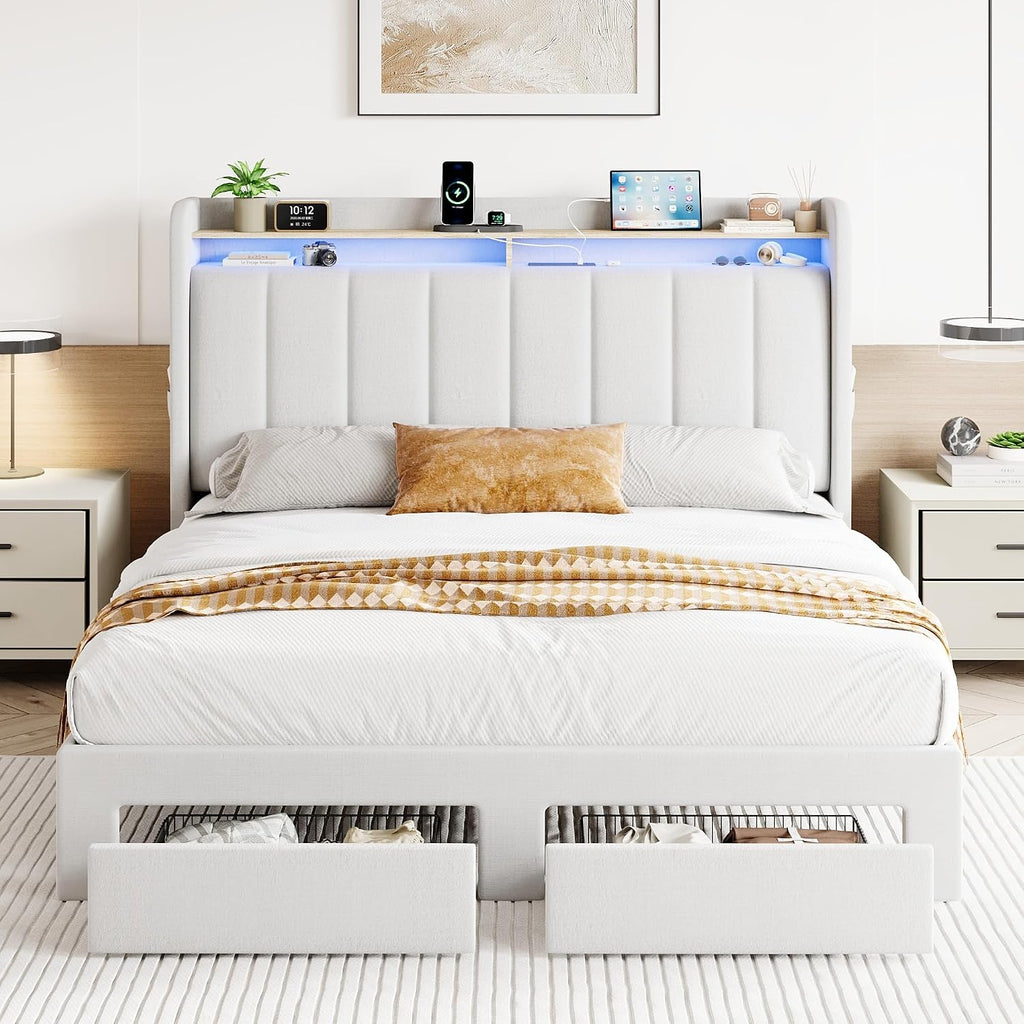 SHA CERLIN Velvet Queen Bed Frame with Vertical Channel Tufted Wingback Headboard & 2 Storage Drawers/2-Tier Shelves with LED Lights & Charging Station/Noise-Free/No Box Spring Needed/White
