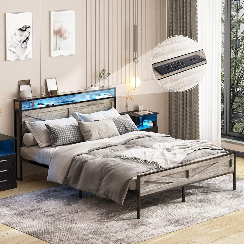 Halitaa LED Full Size Bed Frame with Charging Station, Platform Metal Bed with Headboard Storage & USB Ports Outlets, Farmhouse Bed Frame with Lights for Bedroom, Noise Free, Wash Grey (Full)
