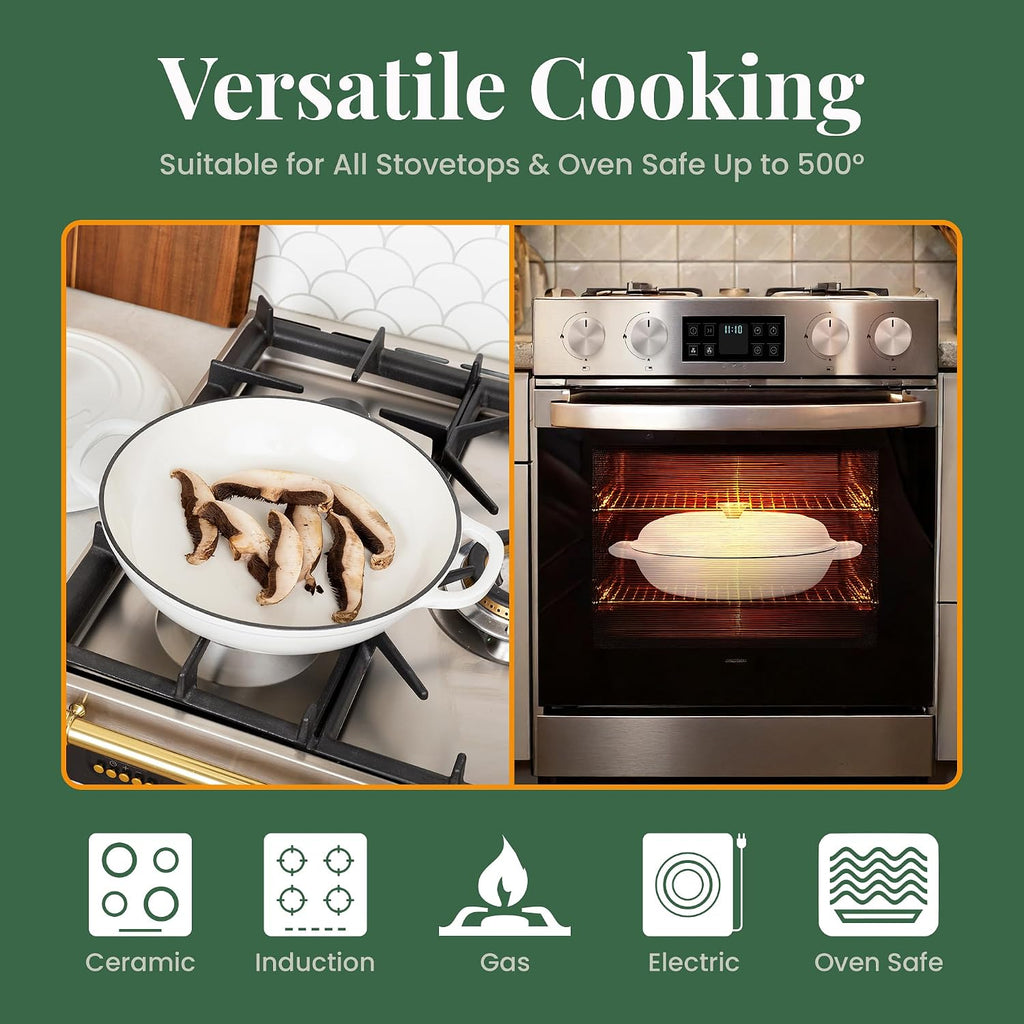 Larder & Vine Enameled Cast Iron Braiser | 3.6 qt Braiser Pan with Lid | Shallow Dutch Oven Compatible on All Cooktops | Casserole Dish Oven Safe to 500° F | Dual Handles | White