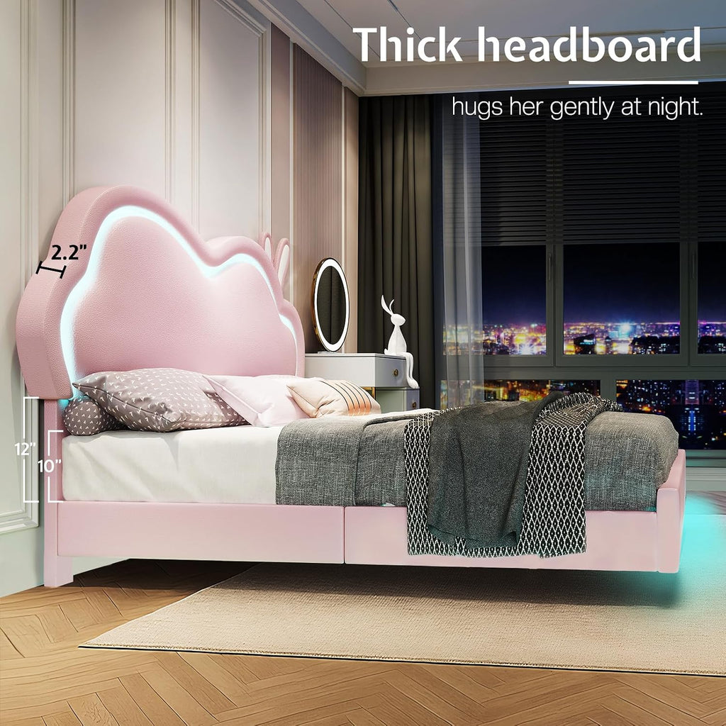Jocisland Queen Size Floating Bed Frame, Faux Leather Upholstered Platform Bed with LED Lights, Adjustable Cloud Headboard, No Box Spring Needed, Pink | Bunny Ears Design