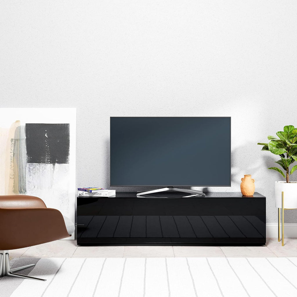 SONOROUS ST-160 Premium TV Stand with Black Wood & Black Wood Cover - Luxury Entertainment Center & Media Console for Living Room - High Gloss Modern TV Cabinet up to 75 Inches - Sleek Storage Design