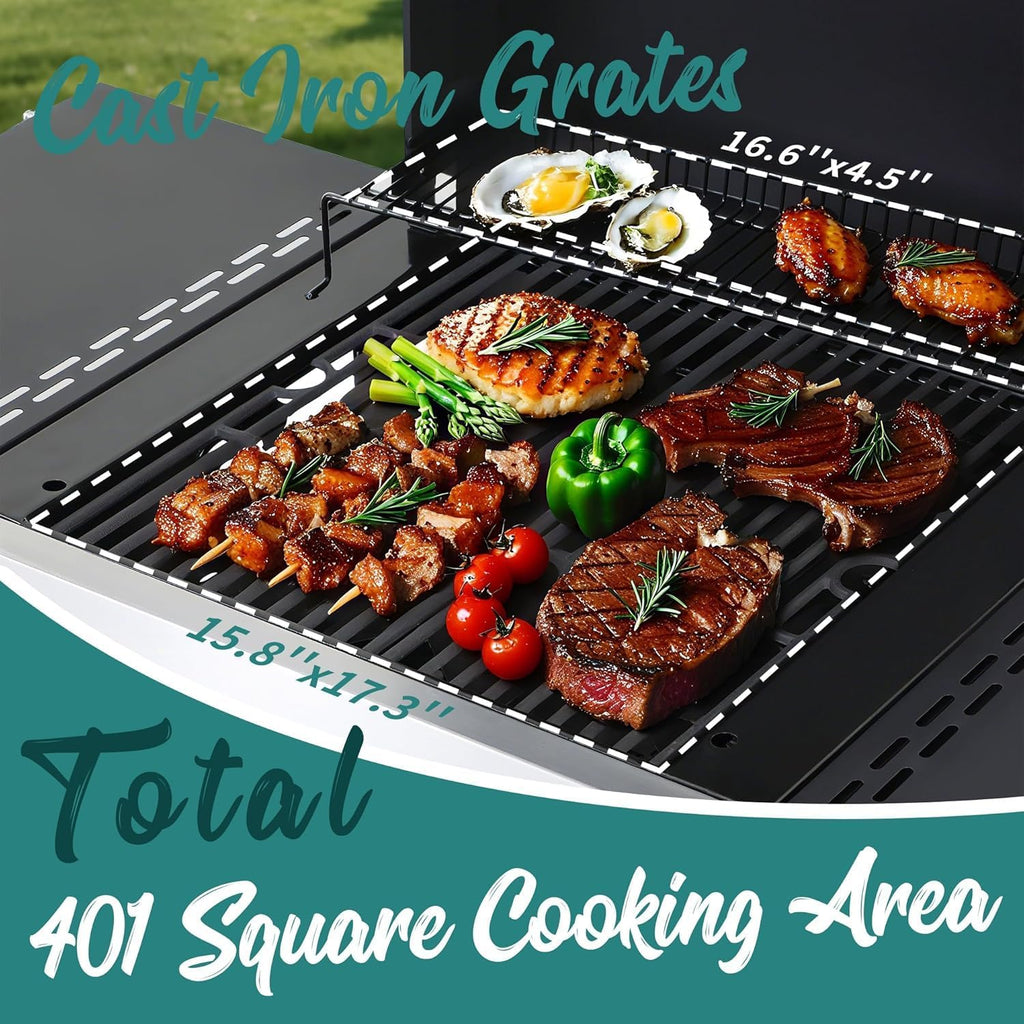 3 Burner Propane Gas Grill with Foldable Side Tables & Lid, 30,000 BTU Outdoor BBQ Grill for Backyard Patio - Stainless Steel Plancha & Cast Iron Cooking Grids Combo