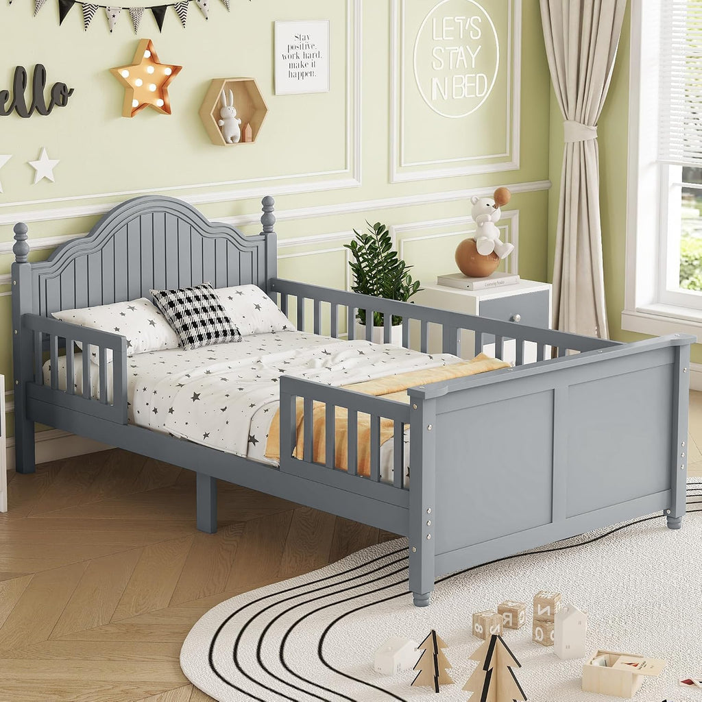Twin Kids Bed Frame with Full-Length Guardrails, Low Profile Wood Platform Bed with Headboard & Footboard, Removable Safety Rails, 6.7' Under-Bed Storage, Roman Column Design, Twin Size, Gray
