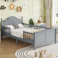 Twin Kids Bed Frame with Full-Length Guardrails, Low Profile Wood Platform Bed with Headboard & Footboard, Removable Safety Rails, 6.7' Under-Bed Storage, Roman Column Design, Twin Size, Gray