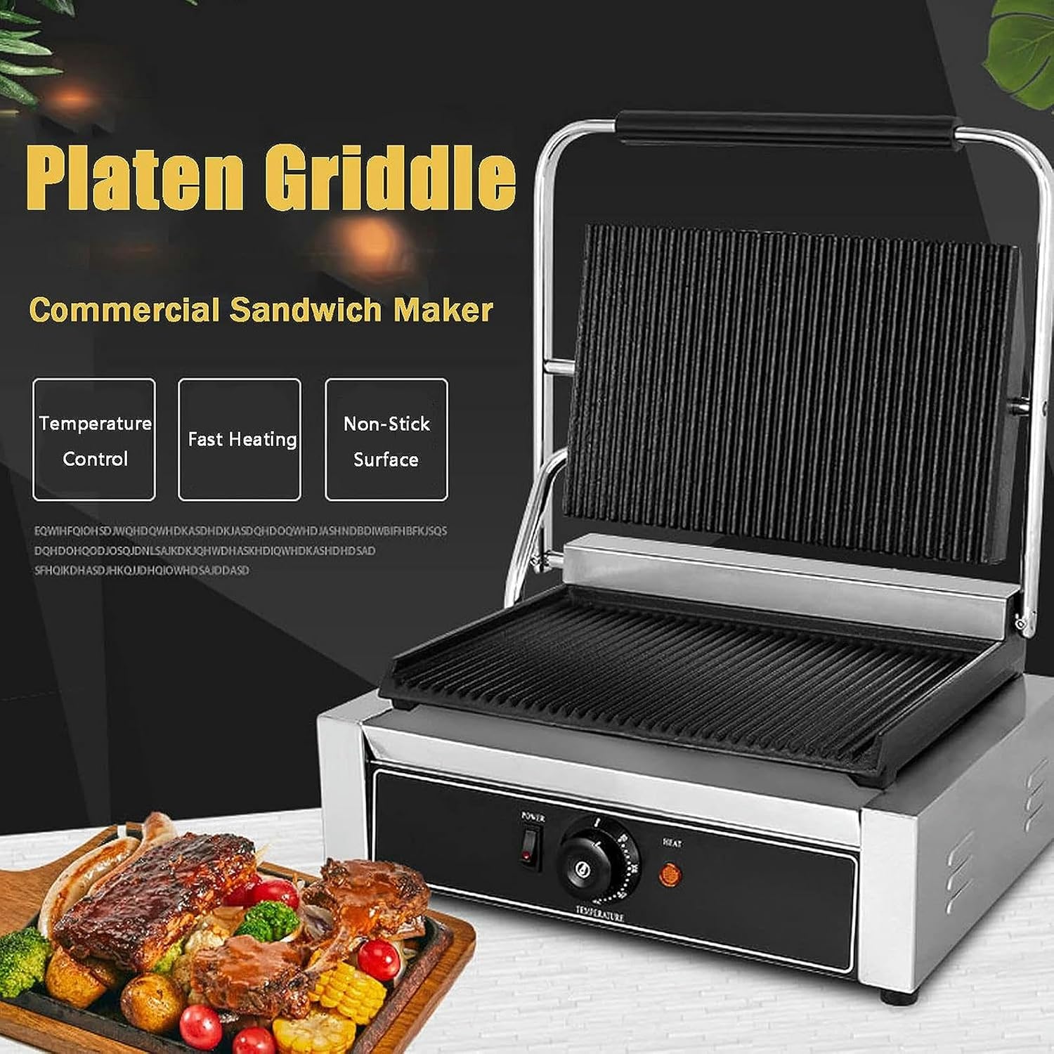 Large Electric Griddle Hot Cooking Plate, Commercial Stainless Steel Adjustable Countertop Hot Plate BBQ Grill, Heavy Duty Restaurant Nonstick Countertop Griddle for Home Barbecue