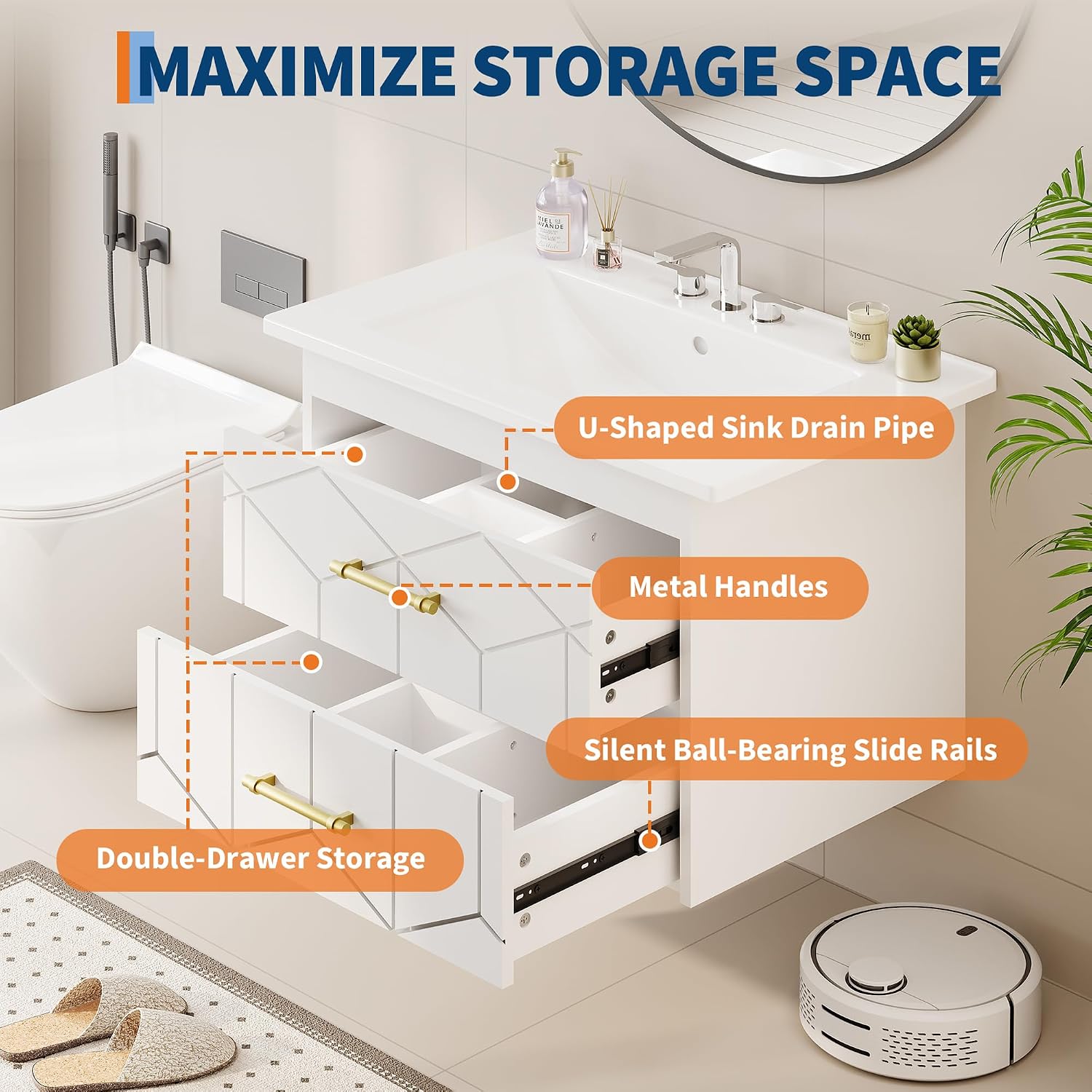 Garvee 24' Bathroom Vanity with Sink, Floating Bathroom Vanity with Ceramic Basin, 2 Large Storage Drawers with Gold Metal Handle, Modern Wall Mounted Bathroom Cabinet with Sink, White