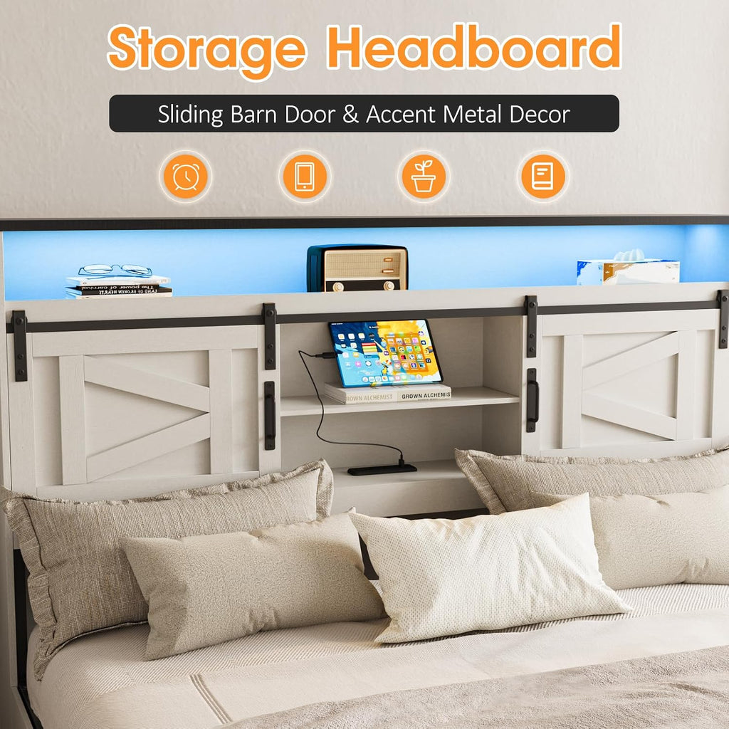 Fameill Farmhouse King Size Bed Frame with 4 Drawers and Bookcase Headboard, Sliding Barn Door Storage Shelves, LED Lights and Charging Station, No Box Spring Needed, Antique White