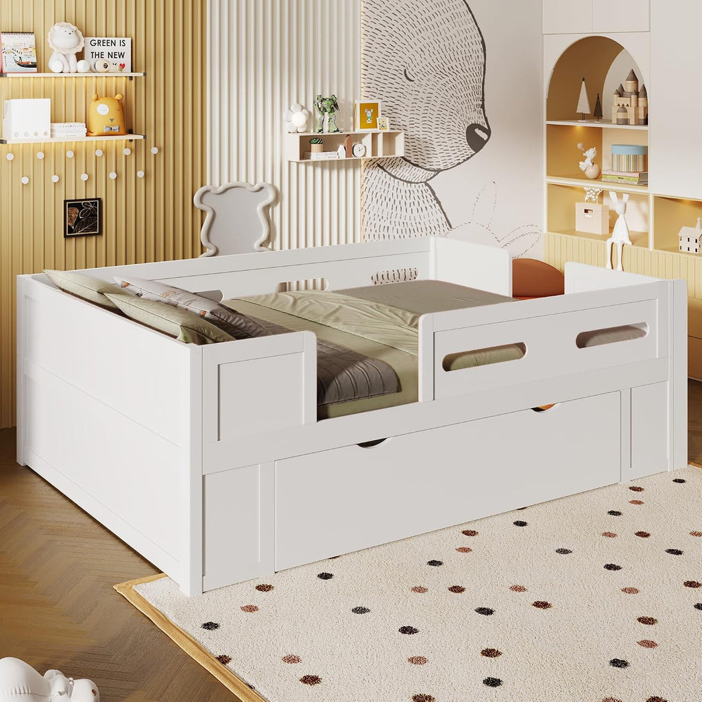 VilroCaz Modern Full Size Platform Bed with Guardrail and Large Drawer, Wood Kids Platform Bed Frame with Two-Step Ladder for Boys Girls, Sturdy Slats Support (White-1.12F)