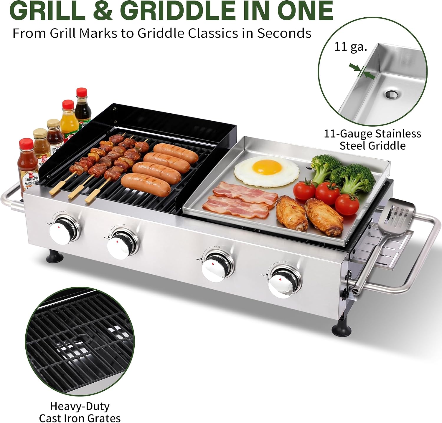 Gas Grill and Griddle Combo, 4-Burner Propane Grill with Cast Iron Grates and Stainless Steel Griddle, 40,000 BTU Tabletop Grill Griddle Combo for Outdoor BBQ, Camping, Tailgating