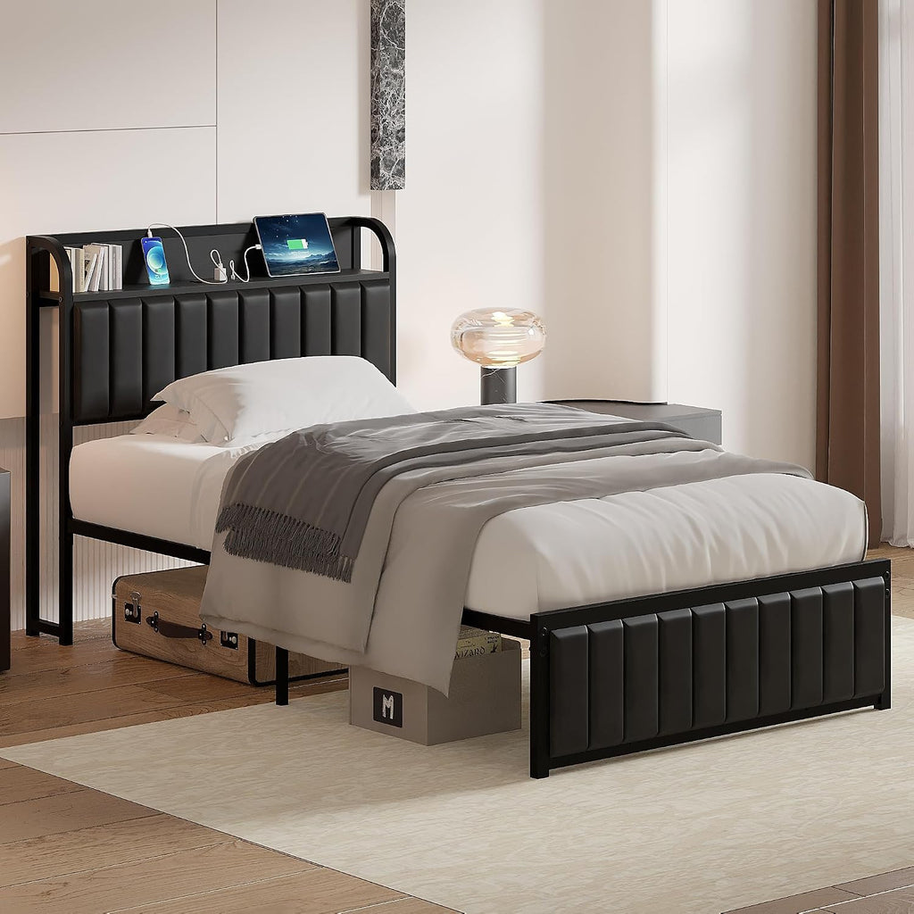 VECELO Twin Bed Frame, Storage Upholstered Headboard with Charging Station, Platform Bedframe, Heavy Duty Metal Slats, No Box Spring Needed, Noise-Free, Easy Assembly, Dark Black