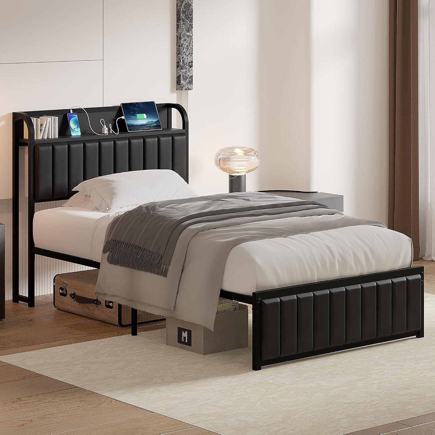 VECELO Twin Bed Frame, Storage Upholstered Headboard with Charging Station, Platform Bedframe, Heavy Duty Metal Slats, No Box Spring Needed, Noise-Free, Easy Assembly, Dark Black