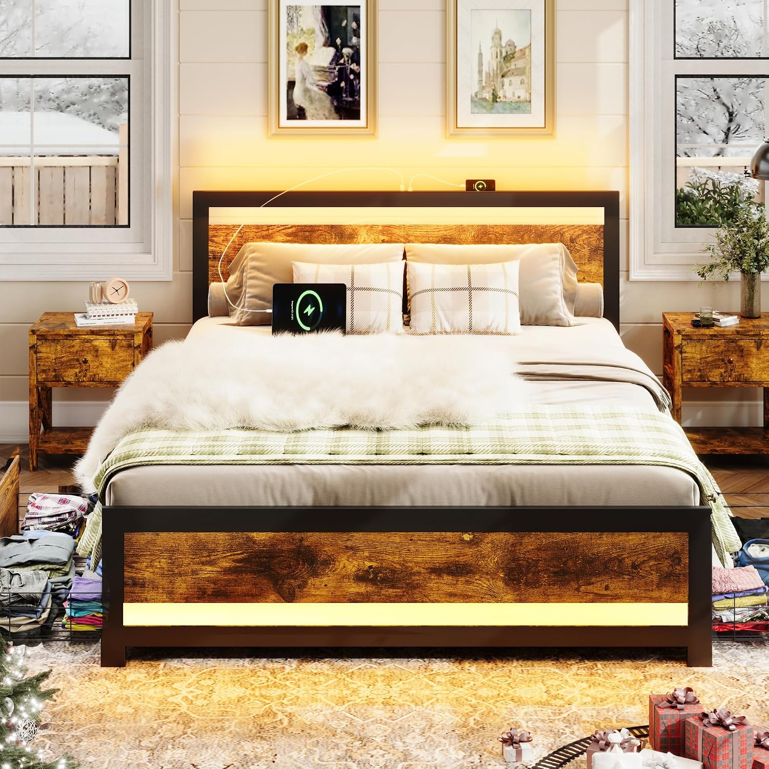 Ailisite Full Size Bed Frame with Storage and 4 Drawers, Rustic Bed Frame Full Size with Headboard and Charging Station and Led Lights, Wood Platform Bed Frame No Box Spring Needed, Noise Free, Brown