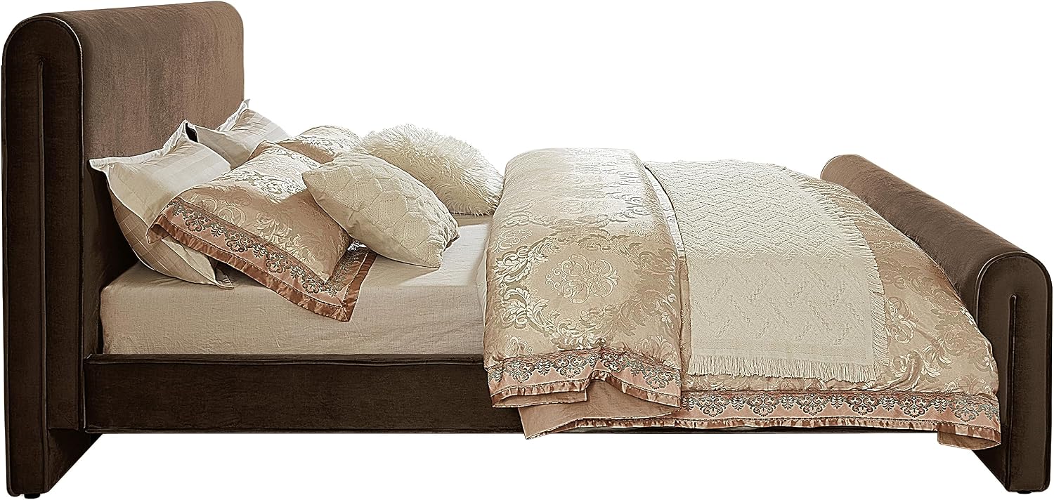 Meridian Furniture SloanBrown-F Sloan Collection Modern | Contemporary Velvet Upholstered Full Bed with Rich Soft Brown Velvet, Curved Headboard and Footboard, 59.5' W x 92' D x 45' H, Brown, Full