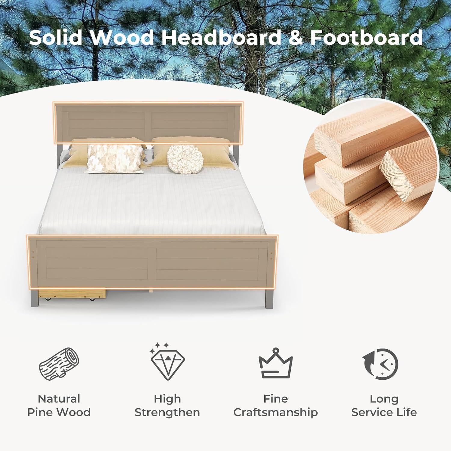 Giantex Wood Full Size Bed Frame with 2 Storage Drawers, Solid Wood Platform Bed with Headboard, Wooden Slats Mattress Foundation, No Spring Needed, Full Bed Frame for Kids, Teens, Adults, Grey
