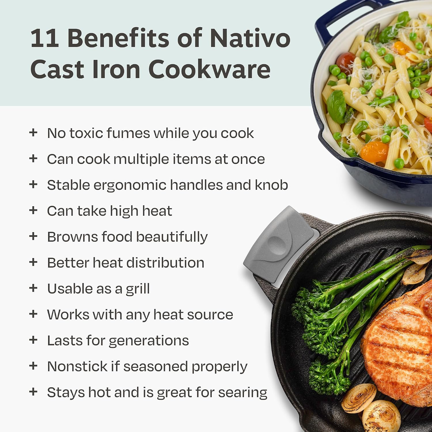 NATIVO 5 pc Stackable Cast Iron Cookware Set, Versatile Enamel Dutch Oven, Seasoned Grill Pan & Enamel Braiser with Precision Pour Spouts, Universal Lid, Included Spacers/Handle Holders, Midnight Blue