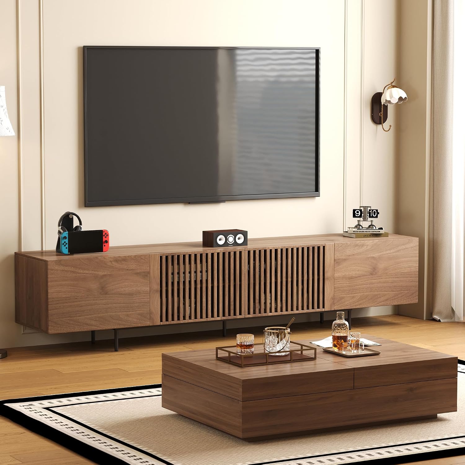 Mid-Century Modern TV Stand & Expandable Coffee Table Set, Walnut Finish, Stylish Storage Combo for Living Room or Bedroom (94.48'TV Stand+Coffee Table)