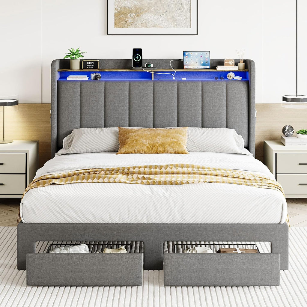SHA CERLIN Full Size Platform Bed Frame with Vertical Channel Tufted Wingback Headboard & 2 Storage Drawers/2-Tier Shelves with LED Lights & Charging Station/Noise-Free/No Box Spring Needed/Dark Grey