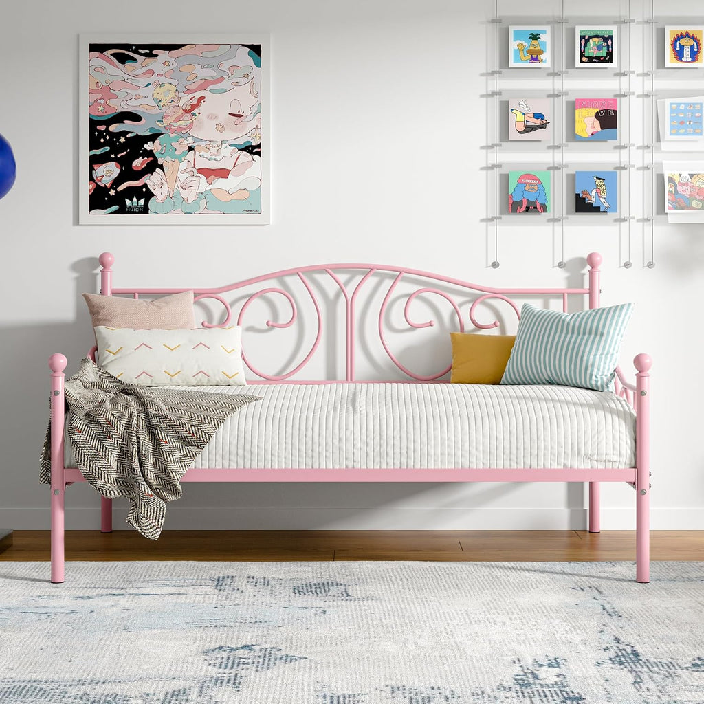 VECELO Metal Daybed Frame Multifunctional Platform Bed Sofa Mattress Foundation with Classic Headboard, Twin, Pink