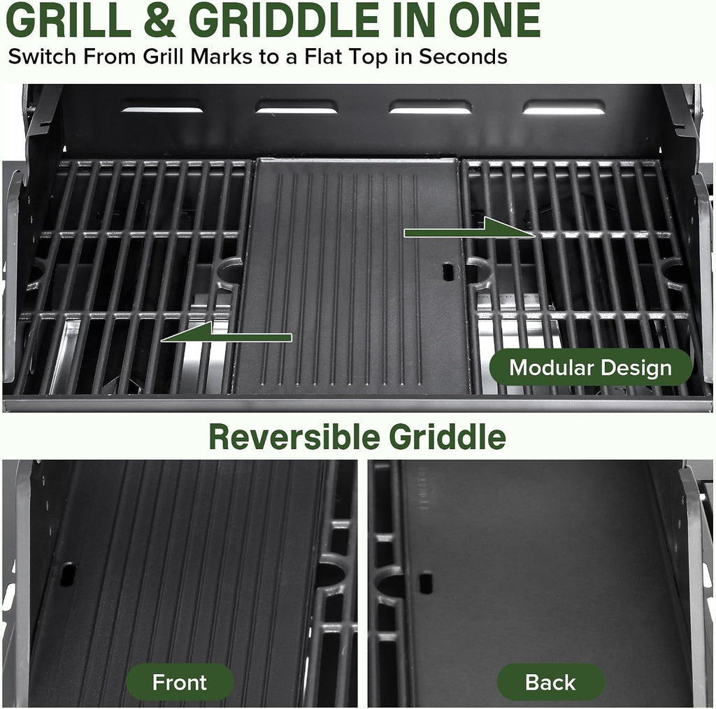 Gas Grill and Griddle Combo with Side Burner, 4-Burner Propane Grill with Porcelain-Enameled Cast Iron Grates and Double-Wall Insulated Lid, 49,000 BTU BBQ Grill for Outdoor Cooking