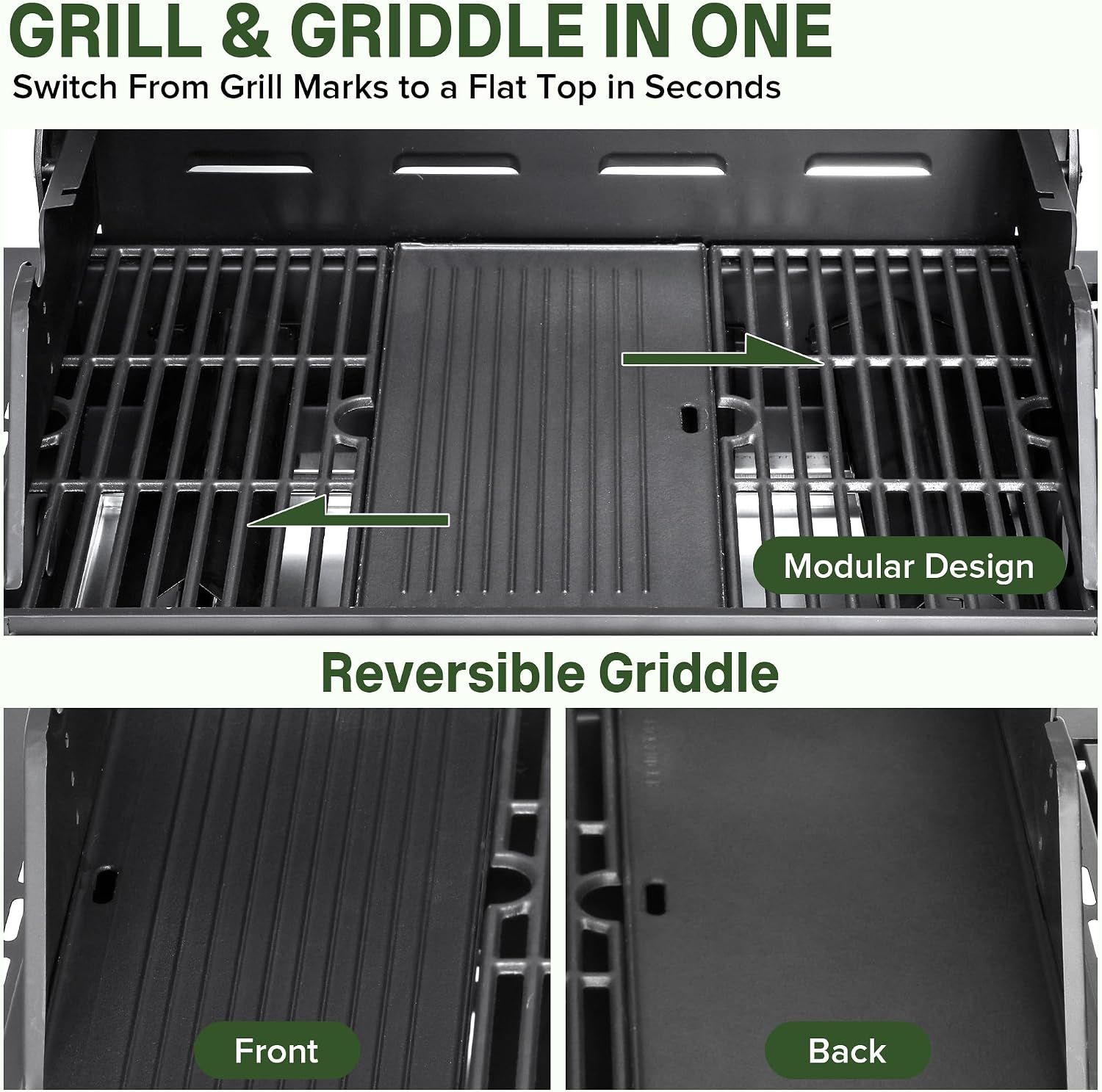 Gas Grill and Griddle Combo with Side Burner, 4-Burner Propane Grill with Porcelain-Enameled Cast Iron Grates and Double-Wall Insulated Lid, 49,000 BTU BBQ Grill for Outdoor Cooking