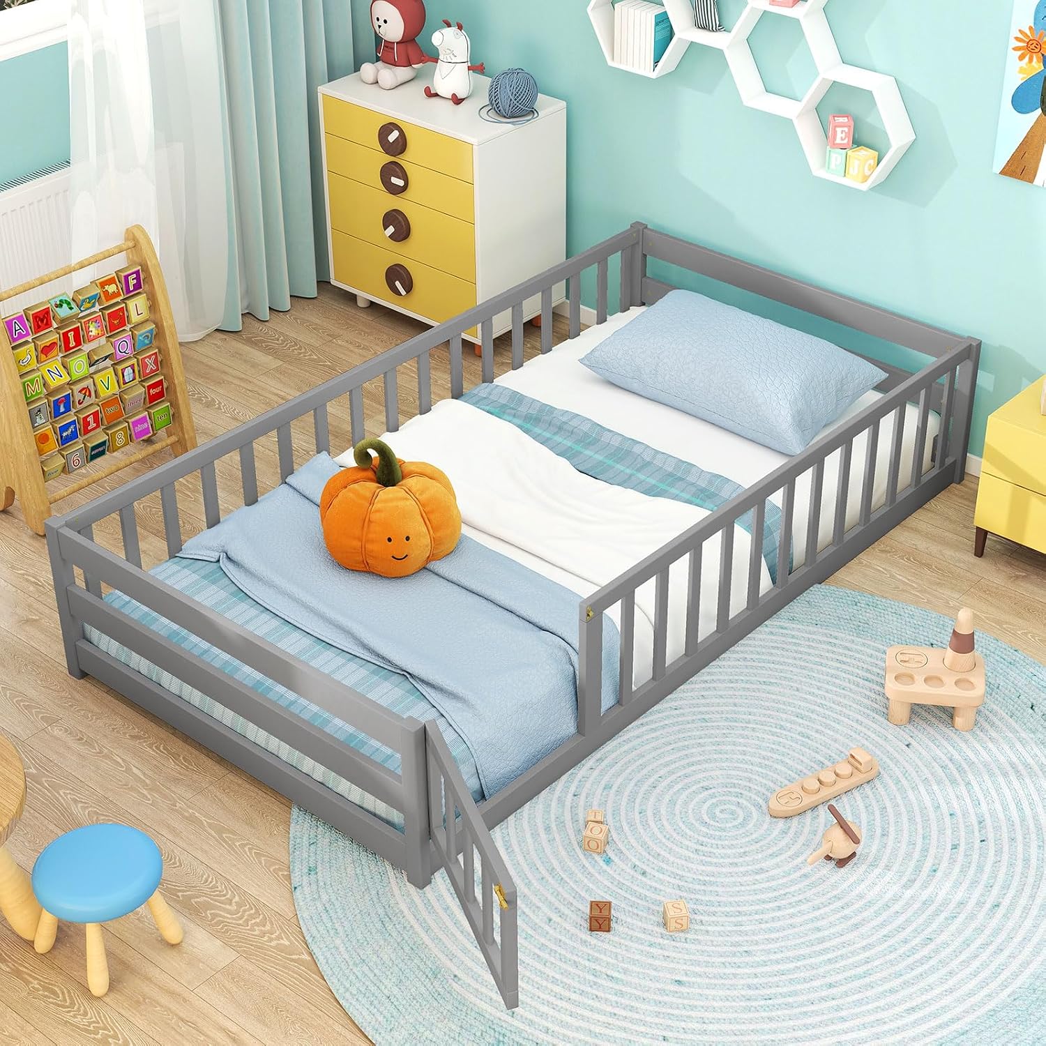 Giantex Twin Floor Bed with Fence for Kids, Wooden Montessori Bed Frame with Lockable Door & Guardrails, Low Floor Beds for Kids, Boys, Girls, No Box Spring Needed, Without Wood Slats, Grey