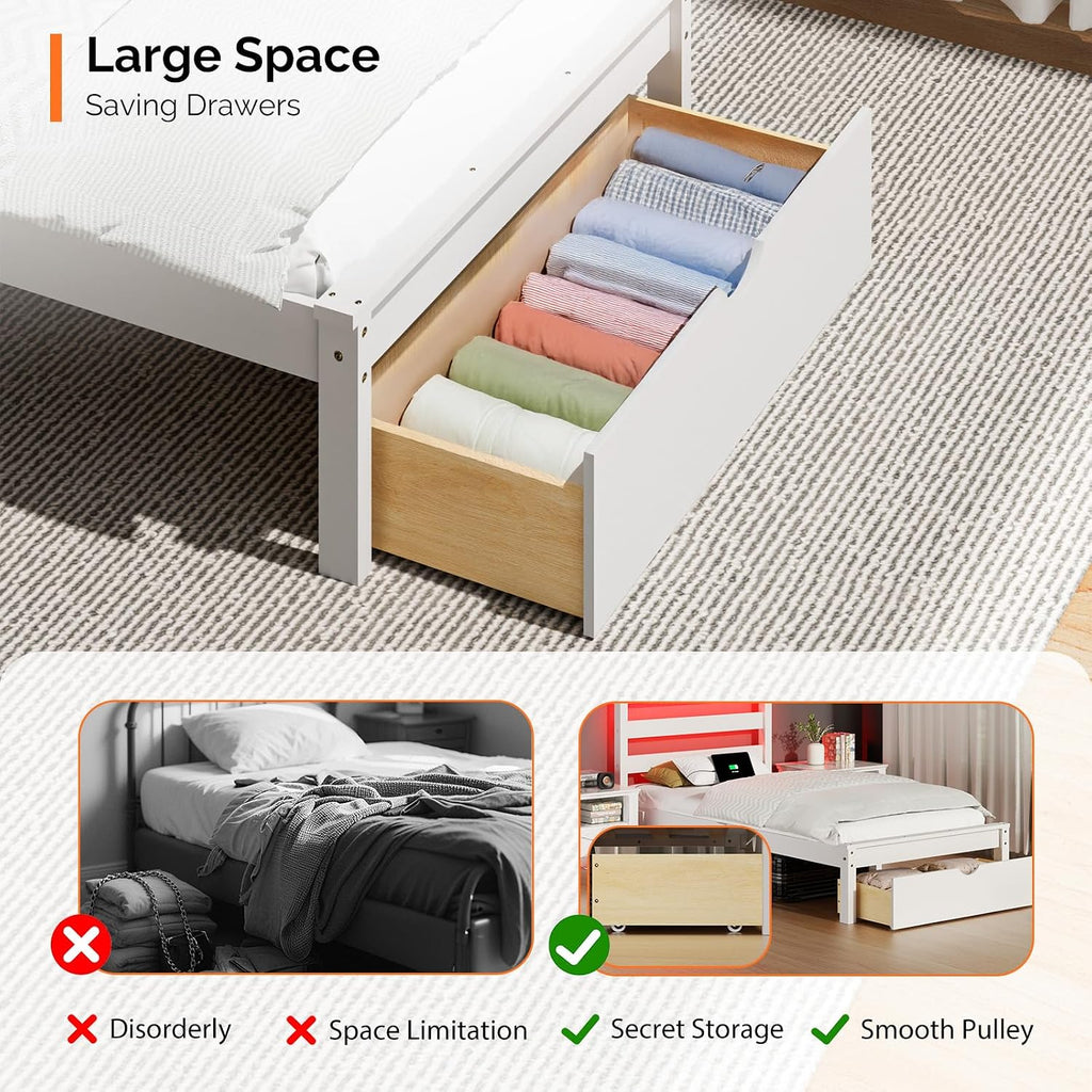 Bonnlo Solid Wood Twin Bed Frames with Headboard Shelf Storage,LED Lights,Charging Station, Platform Bed with Drawer,Easy Assembly,White