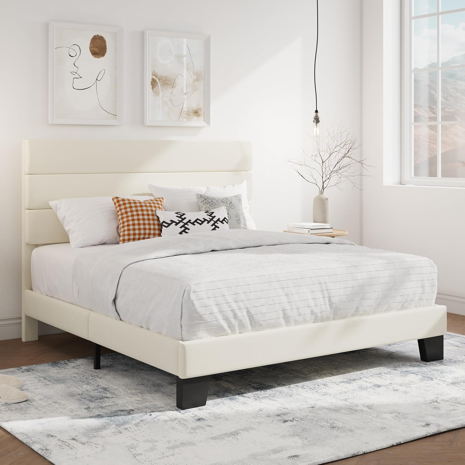 SHA CERLIN Queen Platform Bed Frame with Velvet Upholstered Headboard, Mattress Foundation with Strong Wooden Slats Support, No Box Spring Needed, Cream