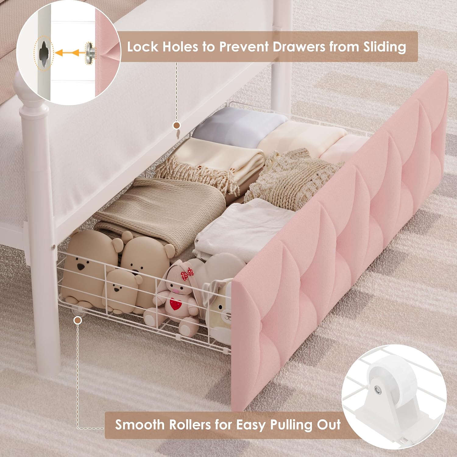 HIFIT Set of 2 Girls Twin Upholstered LED Canopy Bed Frame with Charging Station & Storage Drawer, Button Tufted Storage Headboard w/Bookshelf, Two-Use Kids Platform Bed frame w/4 Removable Post, Pink