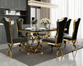 ACEDÉCOR 7 Piece Black and Gold Dining Table Set, Modern Kitchen and Dining Room Table Set with Stainless Steel U-Base and 6 Black Velvet Upholstered Dining Chairs