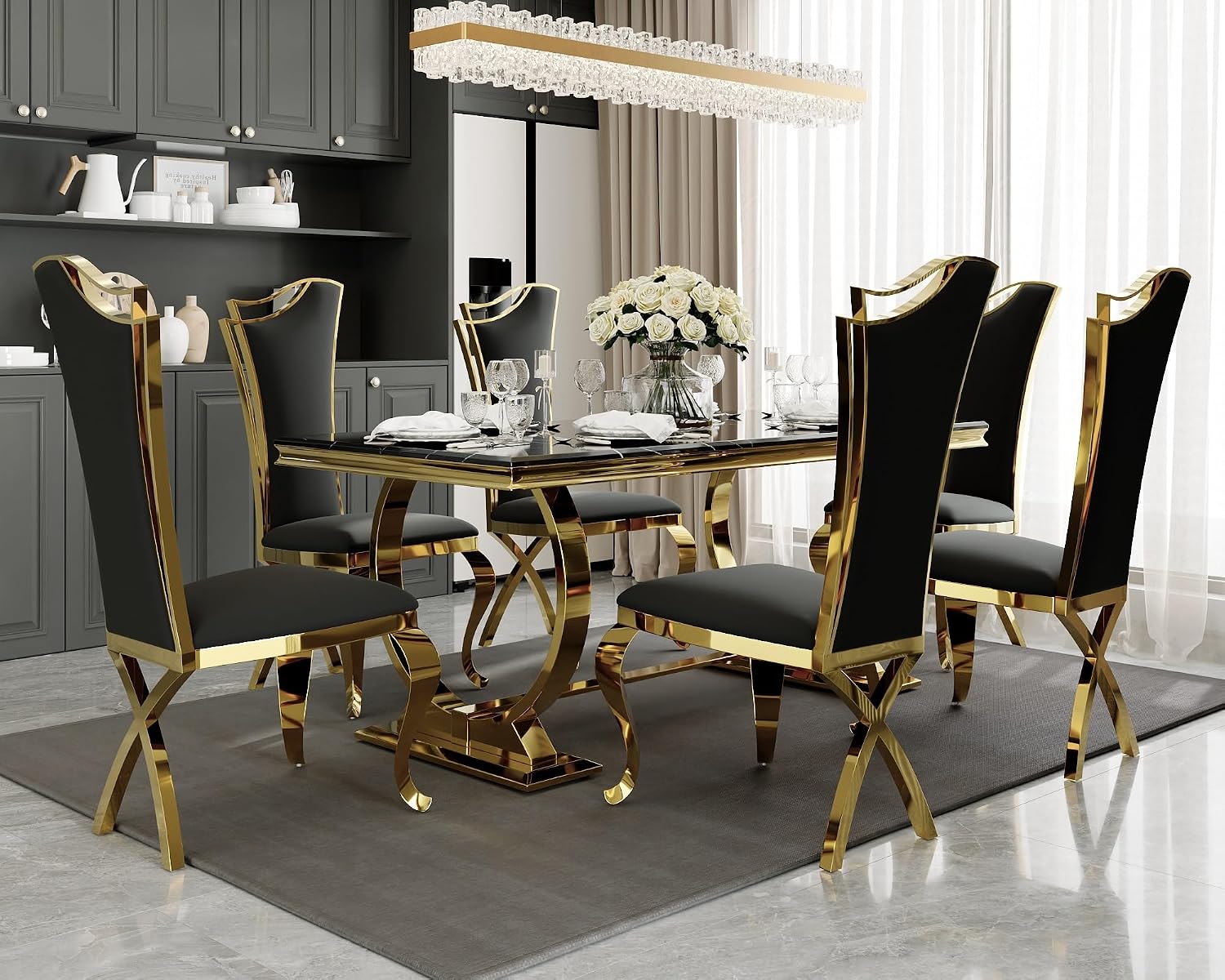 ACEDÉCOR 7 Piece Black and Gold Dining Table Set, Modern Kitchen and Dining Room Table Set with Stainless Steel U-Base and 6 Black Velvet Upholstered Dining Chairs
