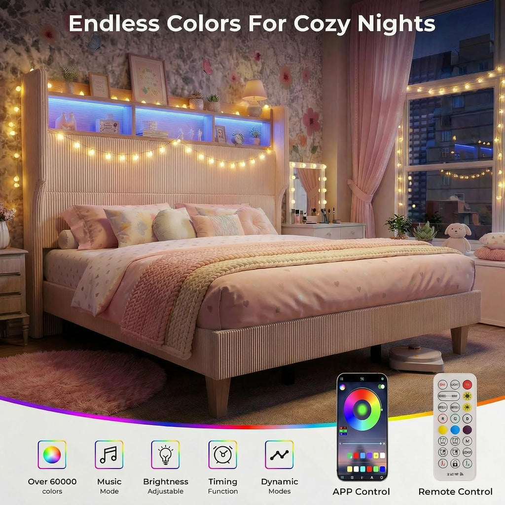 HOMRELEXA Full Size Girls Bed Frame with 51' Tall Headboard, LED Lights & Charging Station, Corduroy Upholstered Platform Bed with Storage Shelf, No Box Spring Needed, Cream