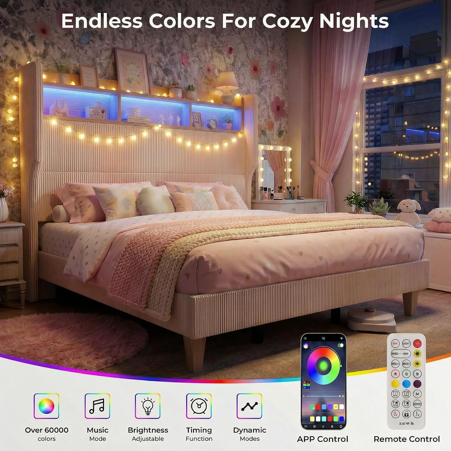 HOMRELEXA Full Size Girls Bed Frame with 51' Tall Headboard, LED Lights & Charging Station, Corduroy Upholstered Platform Bed with Storage Shelf, No Box Spring Needed, Cream