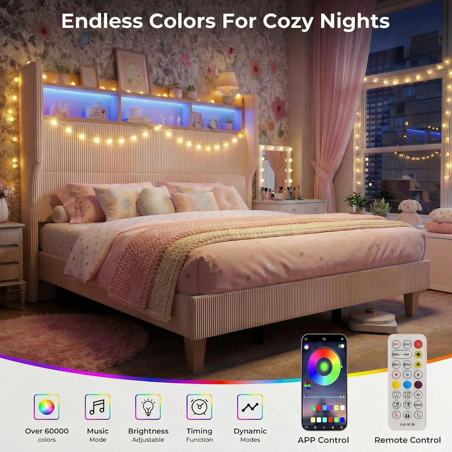 HOMRELEXA Queen Size Girls Bed Frame with 51' Tall Headboard, LED Lights & Charging Station, Corduroy Upholstered Platform Bed with Storage Shelf, No Box Spring Needed, Cream