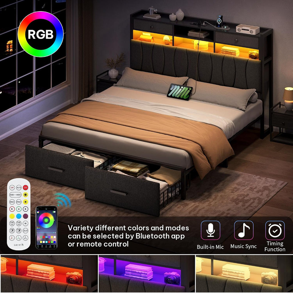 YITAHOME Full Size with 2 Storage Drawers and Charging Station, Linen Upholstered Platform Bed with Storage Headboard and LED Light, Heavy Duty Metal Support, No Box Spring Needed, Noise Free, Grey