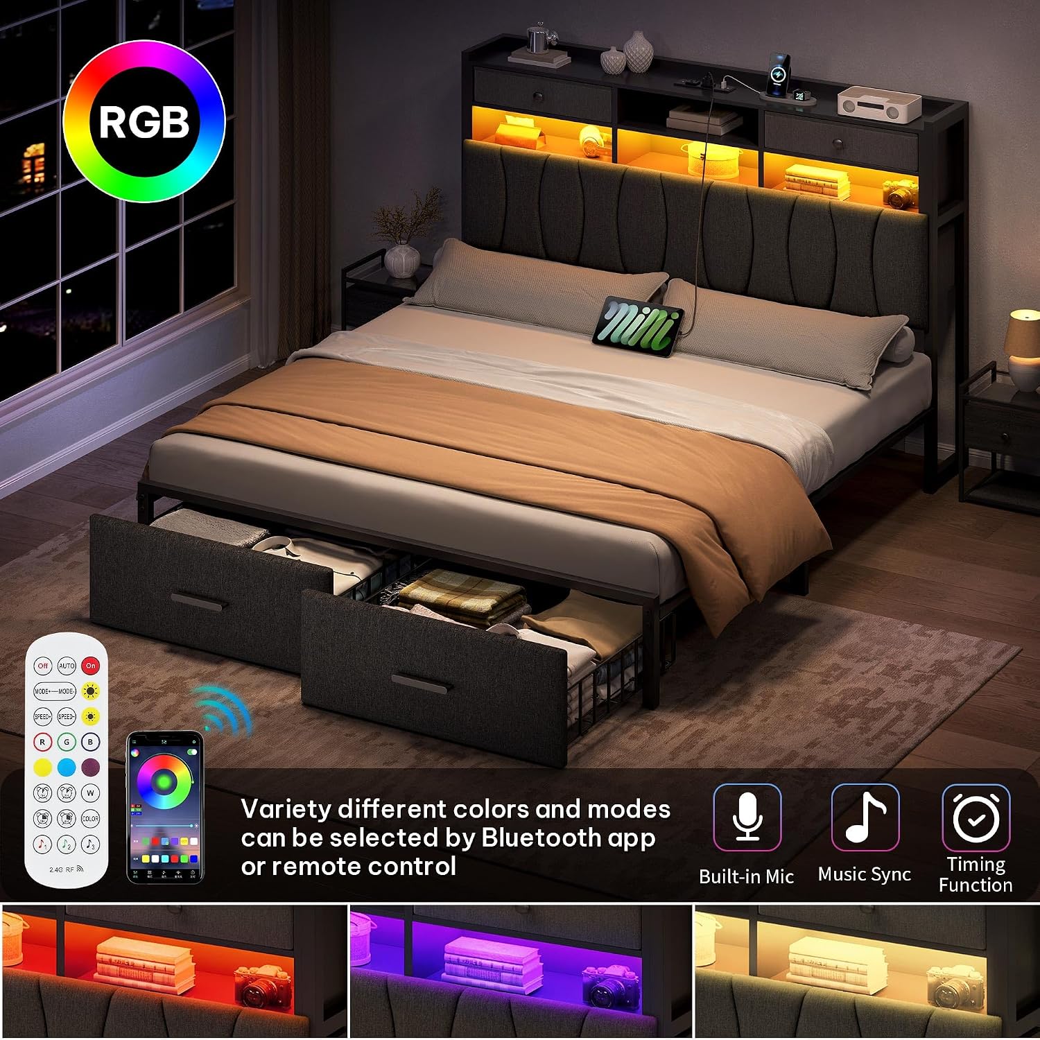 YITAHOME Full Size with 2 Storage Drawers and Charging Station, Linen Upholstered Platform Bed with Storage Headboard and LED Light, Heavy Duty Metal Support, No Box Spring Needed, Noise Free, Grey