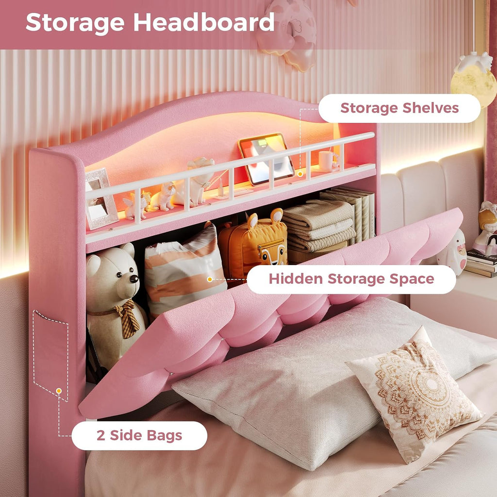 BTHFST Twin Szie Girls Bed with LED Lights & Charging Station, Princess Twin Size Bed Frame with Hidden Storage Headborad, Sturdy Platform Bed, No Box Spring Needed/Noise-Free/Easy Assembly, Pink