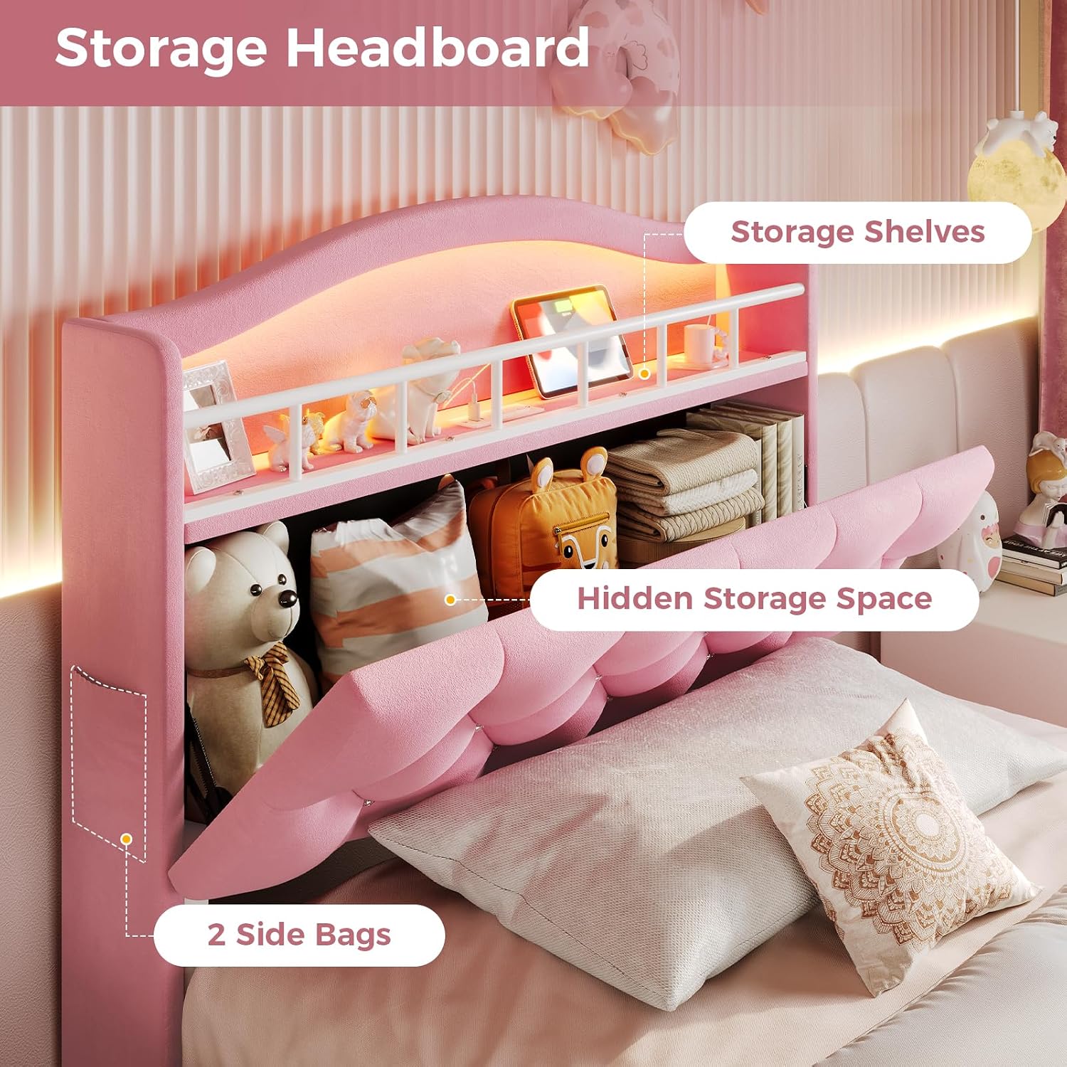 BTHFST Twin Szie Girls Bed with LED Lights & Charging Station, Princess Twin Size Bed Frame with Hidden Storage Headborad, Sturdy Platform Bed, No Box Spring Needed/Noise-Free/Easy Assembly, Pink