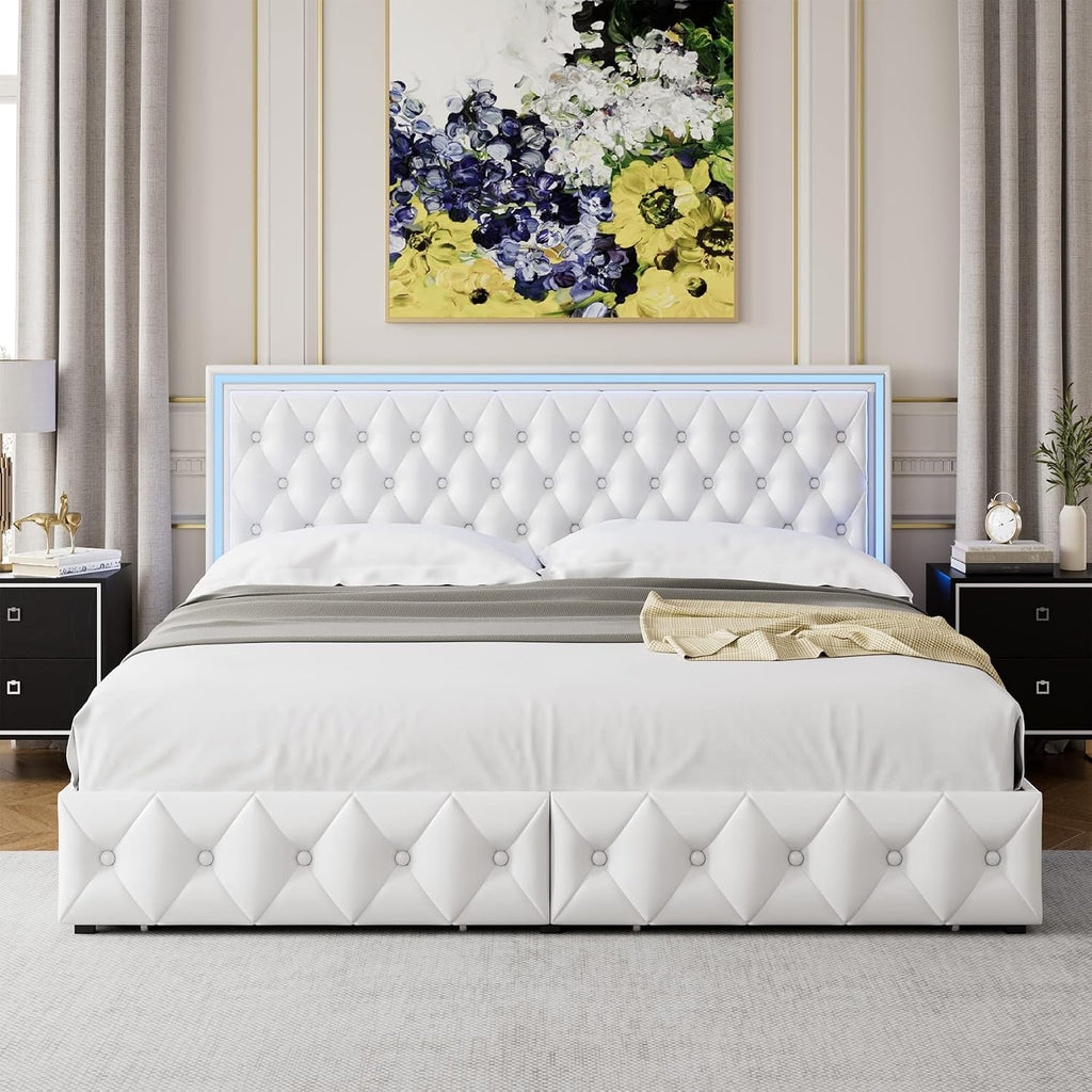Keyluv Queen Upholstered LED Bed Frame with 4 Drawers, PU Leather Platform Storage Bed with Adjustable Button Tufted Headboard and Solid Wooden Slats Support, No Box Spring Needed, White