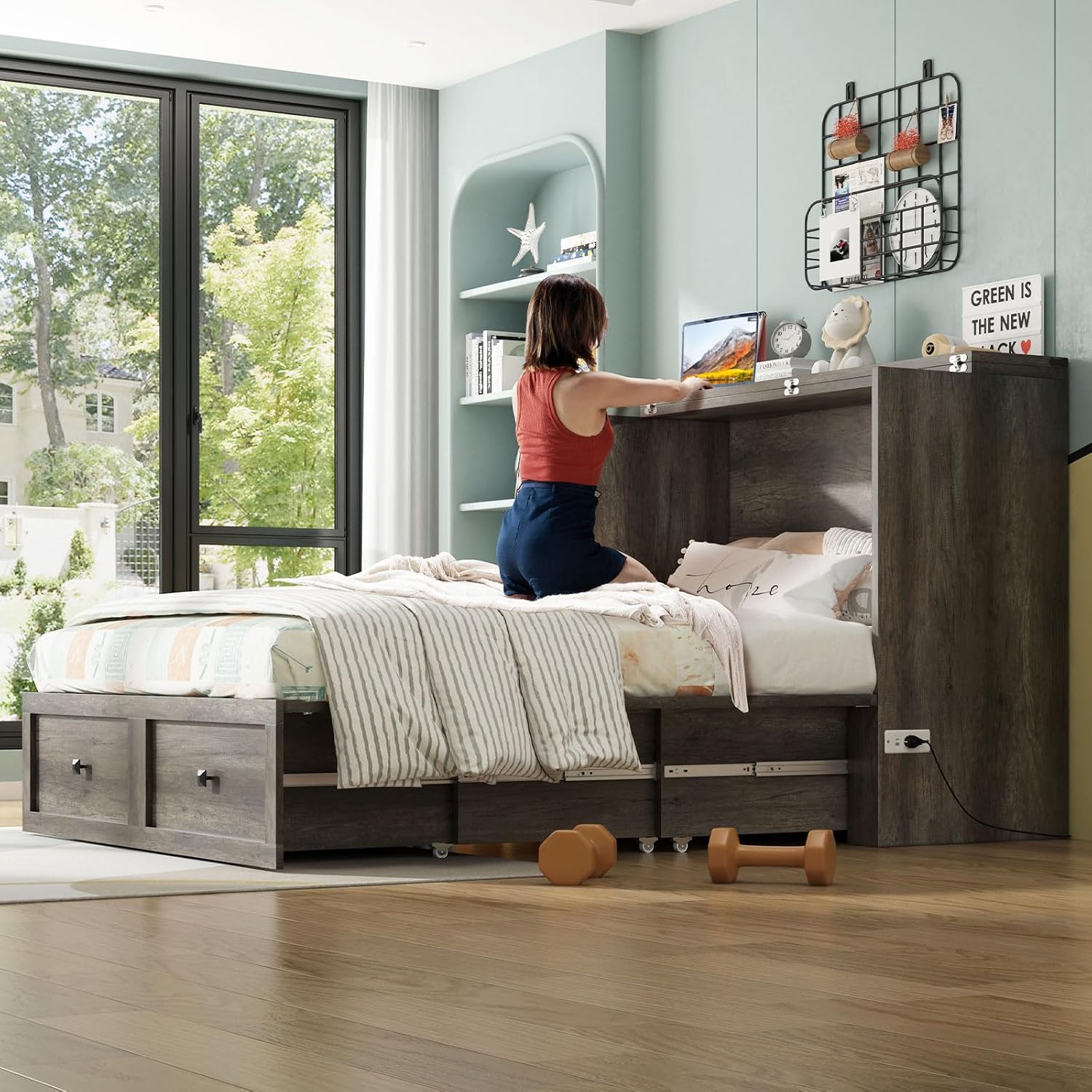 AMERLIFE Full Murphy Bed with Storage & Charging Station, Farmhouse Murphy Cabinet with Foldable Panel, Noisy Free, for Guest Bedroom, Living Room, Office, Rustic Grey
