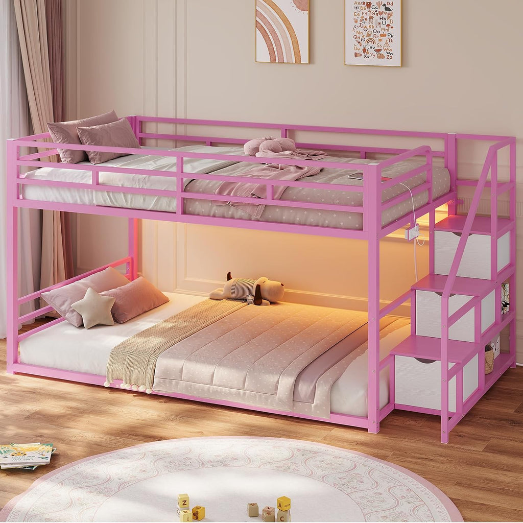 ADORNEVE Low Bunk Bed Twin Over Twin with Storage Stairs, Drawers & Shelves, RGB LED Lights Metal Floor Bunk with Power Outlet, Full-Length Guardrail & Metal Slats, for Small Space, Kids, Pink